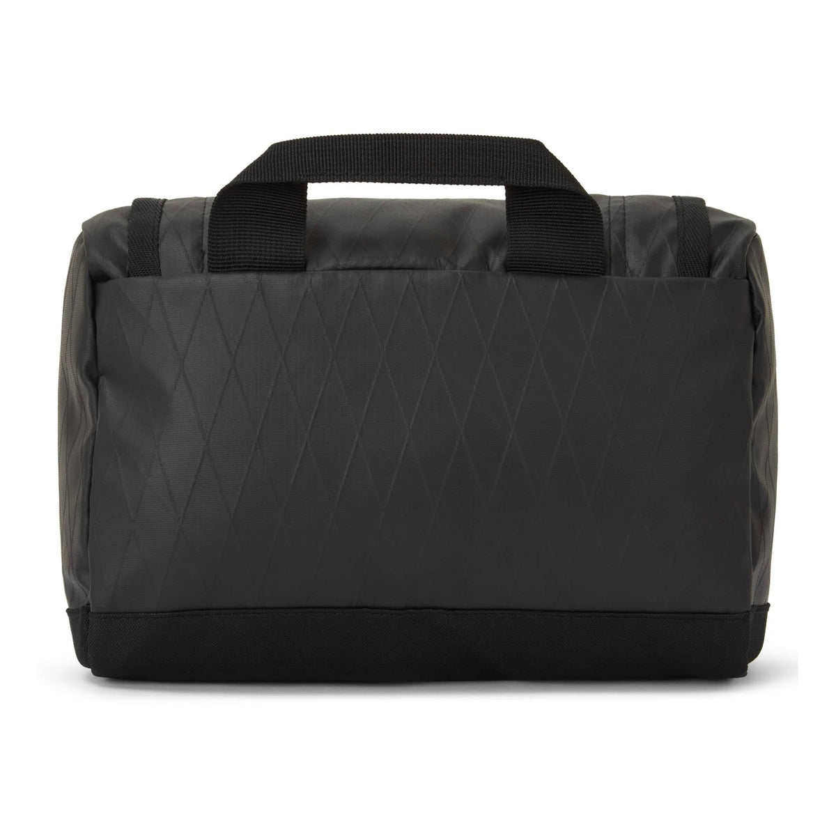 A black duffel bag with a diamond-quilted pattern on the front panel and black webbed top handles, shown against a plain white background.