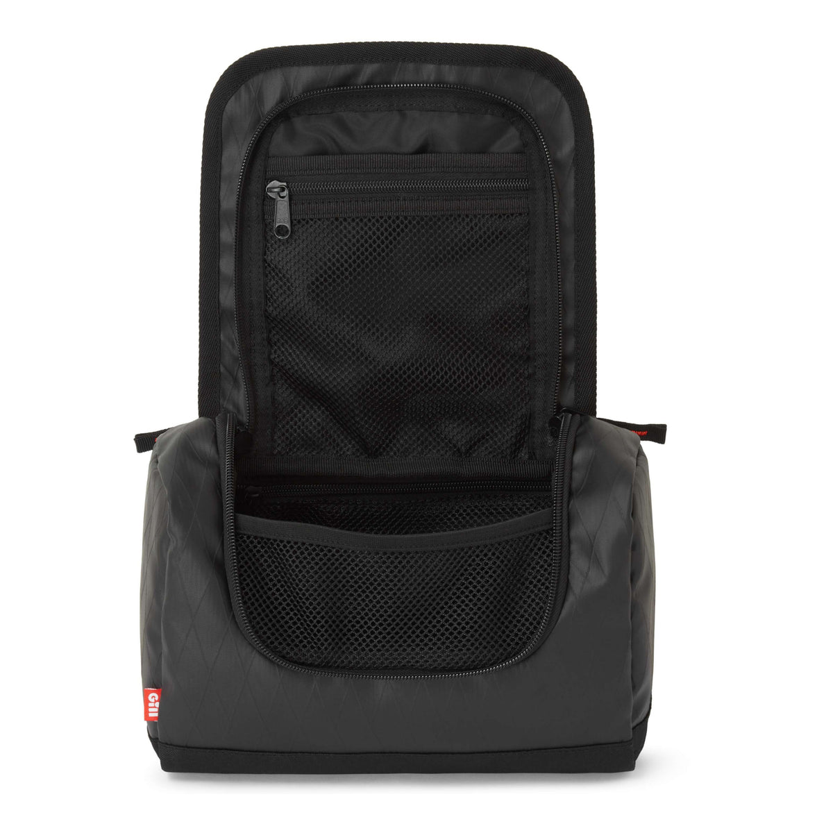 A black backpack shown open against a white background, displaying its interior compartments, mesh pockets, and zipper details.