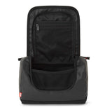 A black backpack shown open against a white background, displaying its interior compartments, mesh pockets, and zipper details.