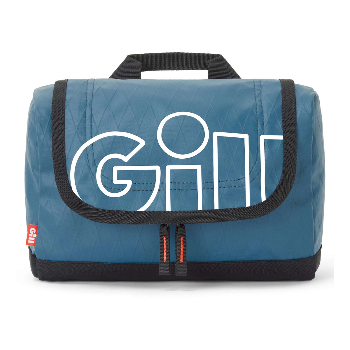 A blue quilted GILL travel pouch with black trim, a black top handle, and a large white outlined 'GILL' logo on the front flap, shown on a white background.