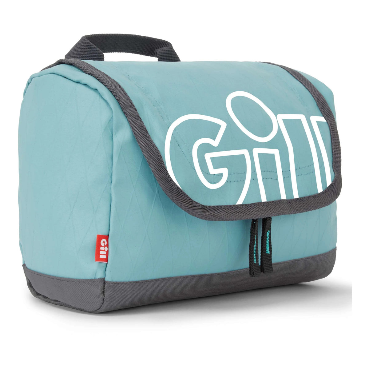 A light blue GILL travel pouch with dark gray trim, a top handle, and a large white outlined 'GILL' logo on the front flap, shown on a white background.