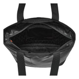 Black tote bag shown open from the front, displaying its interior with a zippered pocket, mesh organizer, and quilted pattern lining, on a solid white background.