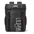 A black GILL roll-top backpack with white logo branding, featuring a diamond-patterned texture, side mesh pockets, and adjustable webbing straps on a white background.