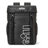 A black GILL roll-top backpack with white logo branding, featuring a diamond-patterned texture, side mesh pockets, and adjustable webbing straps on a white background.