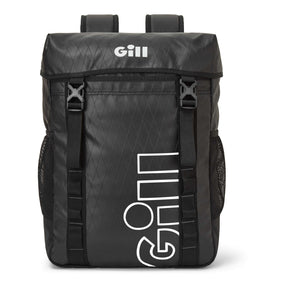 A black GILL roll-top backpack with white logo branding, featuring a diamond-patterned texture, side mesh pockets, and adjustable webbing straps on a white background.
