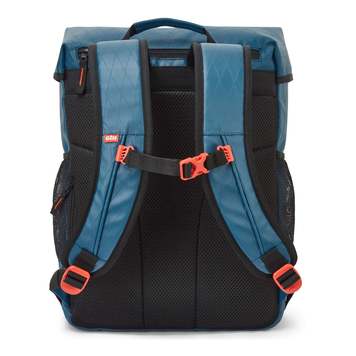 The back view of a technical backpack in slate blue and black, featuring a breathable mesh back panel, padded shoulder straps, and bright orange plastic buckle closures.