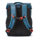 The back view of a technical backpack in slate blue and black, featuring a breathable mesh back panel, padded shoulder straps, and bright orange plastic buckle closures.