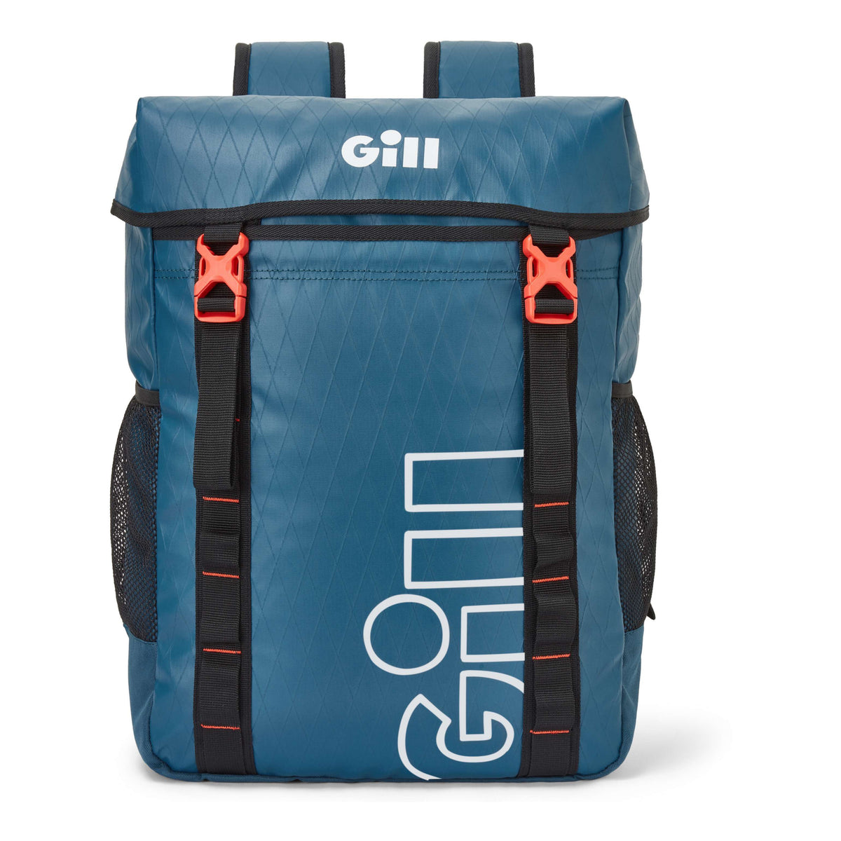 A blue GILL waterproof backpack with black straps and orange buckle accents, shown against a plain white background.