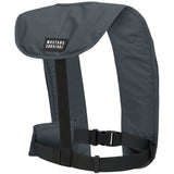 Gray safety vest with black straps and Mustang Survival logo on a white background