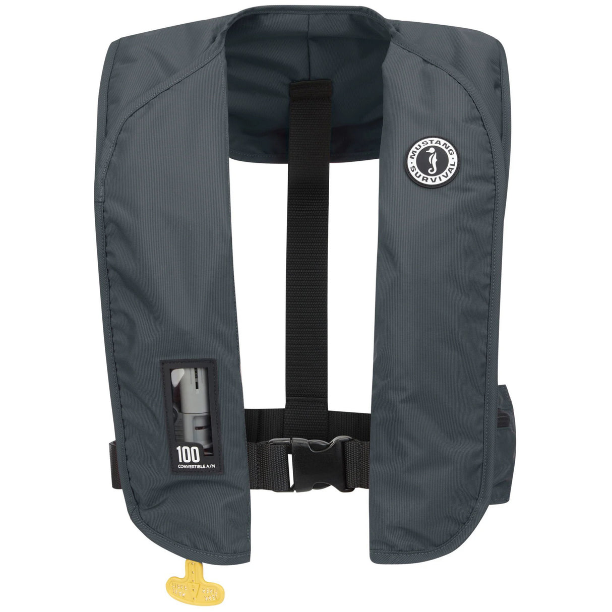 Gray life jacket with a visible brand logo on a white background