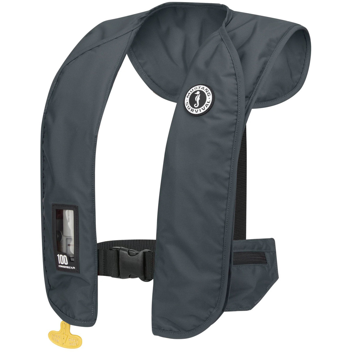 Gray life jacket with a visible brand logo on a white background