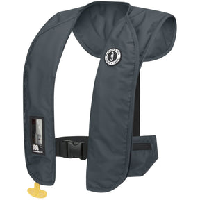 Gray life jacket with a visible brand logo on a white background