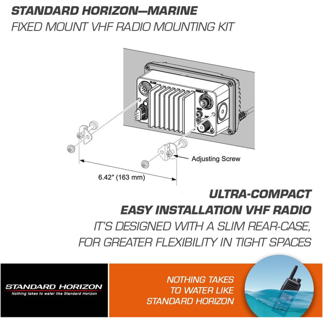 Advertisement for Standard Horizon Marine VHF radio mounting kit with diagram and text.