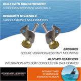 Metal brackets with gold tips on a blue and white background, featuring text about high-strength materials and marine environments.