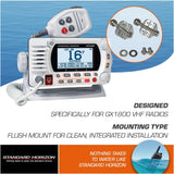 Marine radio with mounting hardware on a blue and white background, featuring Standard Horizon branding.