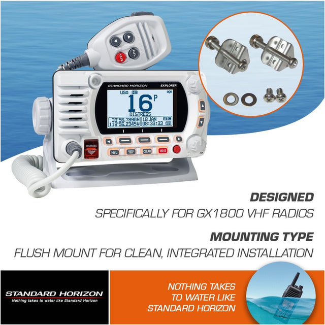 Marine radio with mounting hardware on a blue and white background, featuring Standard Horizon branding.