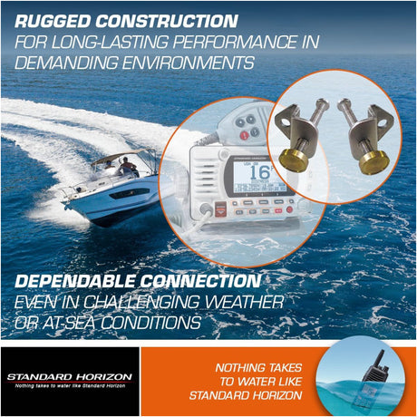 Advertisement for Standard Horizon marine equipment with a boat on water and close-ups of equipment.