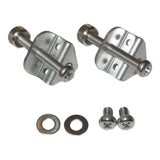 Two metal brackets with washers and screws on a white background