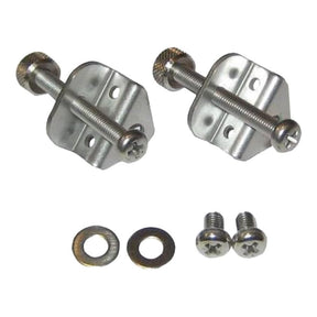 Two metal brackets with washers and screws on a white background