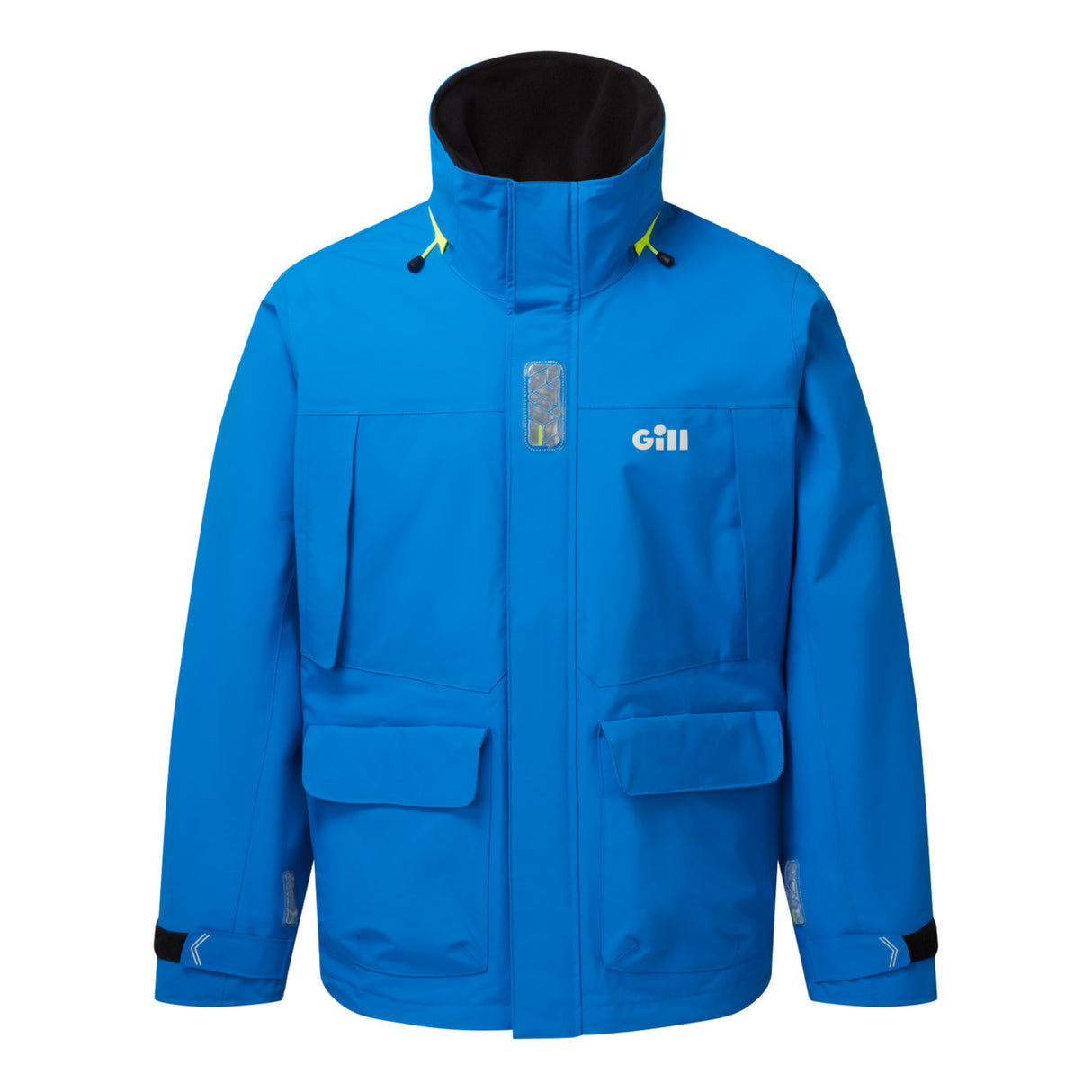 Blue jacket with black collar and yellow accents on a white background