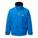 Blue jacket with black collar and yellow accents on a white background