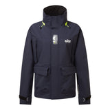 Navy blue jacket with yellow accents on a white background