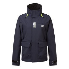 Navy blue jacket with yellow accents on a white background
