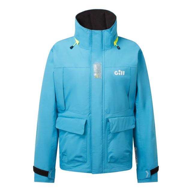 Blue jacket with black accents on a white background