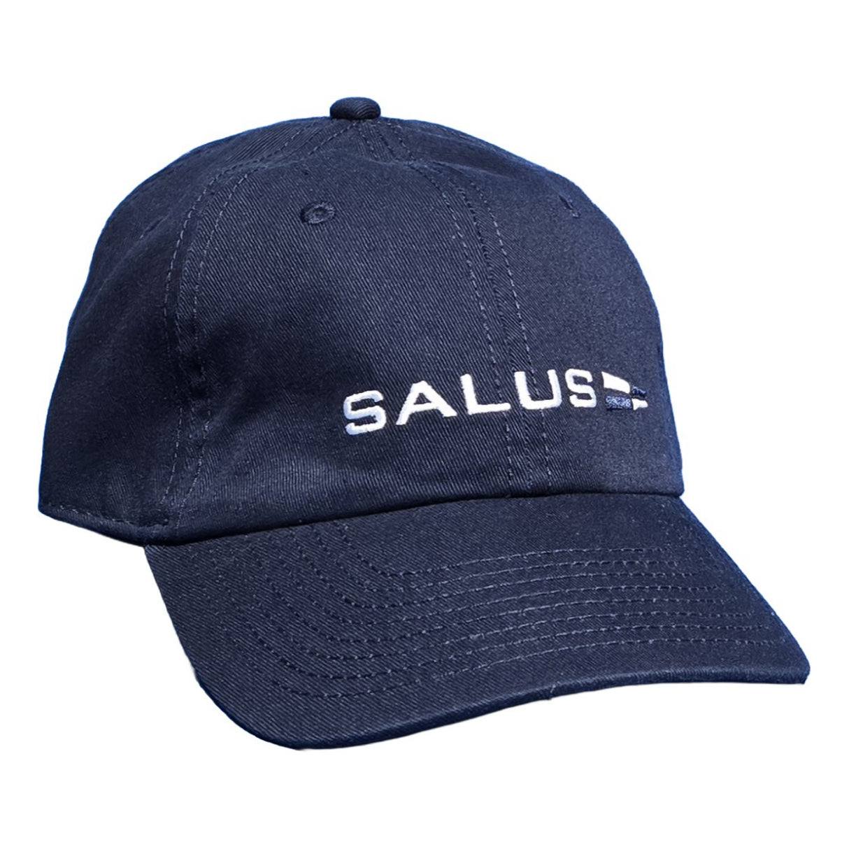 Navy blue cap with 'SALUS' logo on a white background