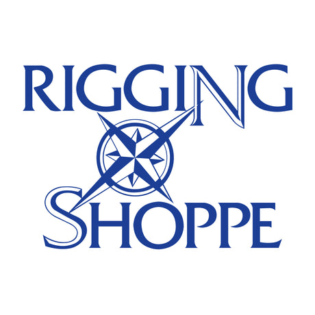 Blue text reading 'RIGGING SHOPPE' with a compass rose graphic in the center, on a plain white background.