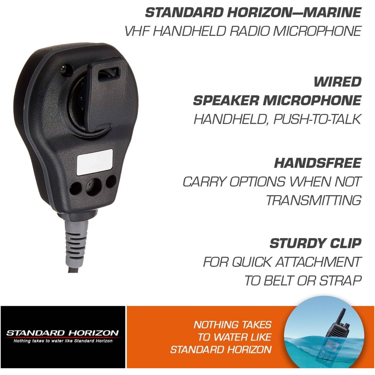 Standard Horizon Marine VHF Handheld Radio Microphone with features listed on a white background