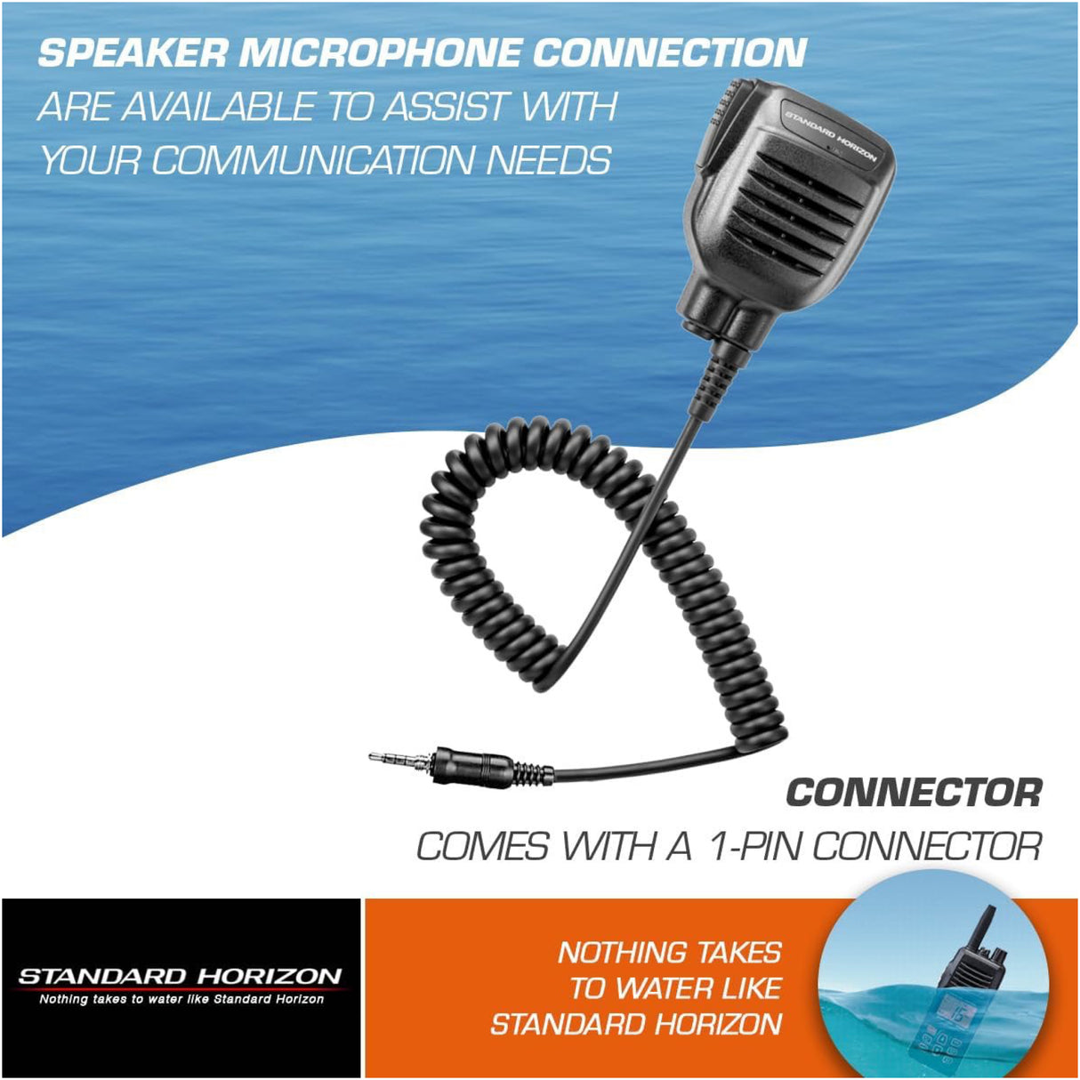 Speaker microphone with coiled cable on a blue and white background, featuring Standard Horizon branding.