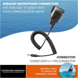 Speaker microphone with coiled cable on a blue and white background, featuring Standard Horizon branding.