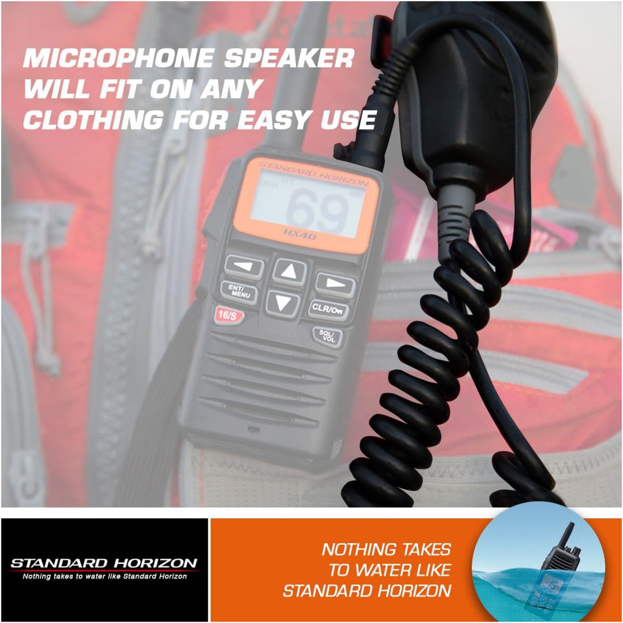 Walkie talkie with microphone speaker on a red background, featuring Standard Horizon branding.