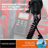 Walkie talkie with microphone speaker on a red background, featuring Standard Horizon branding.