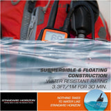 Water-resistant radio with packaging, showing water resistance rating, and Standard Horizon branding.