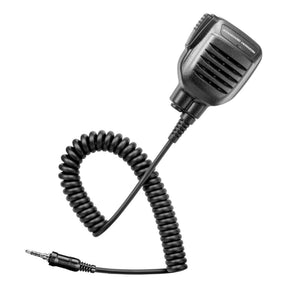 Black radio microphone with coiled cable on a white background