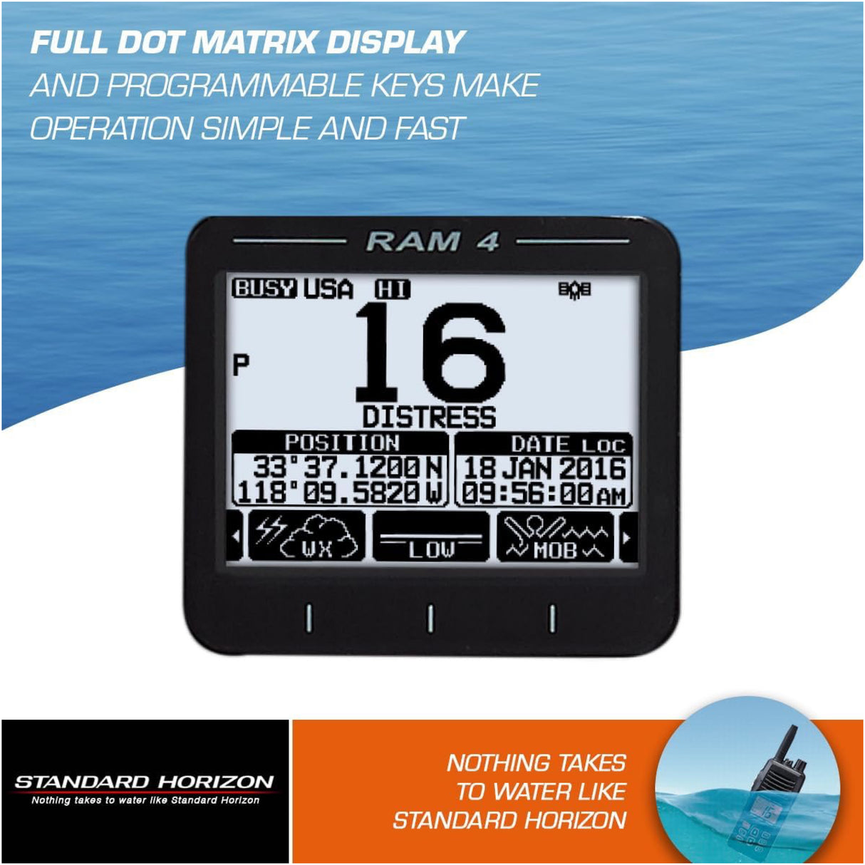 Digital display device with text about full dot matrix display and programmable keys on a blue and white background.