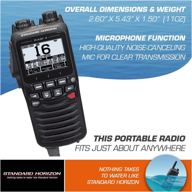 Portable radio with features highlighted on a blue and white background