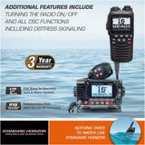Two marine radios with features listed on a water-themed background, featuring Standard Horizon branding.