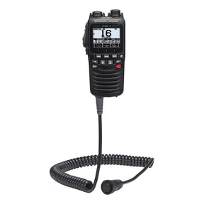 Black marine radio with digital display on a white background