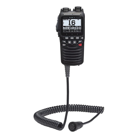 Black marine radio with digital display on a white background