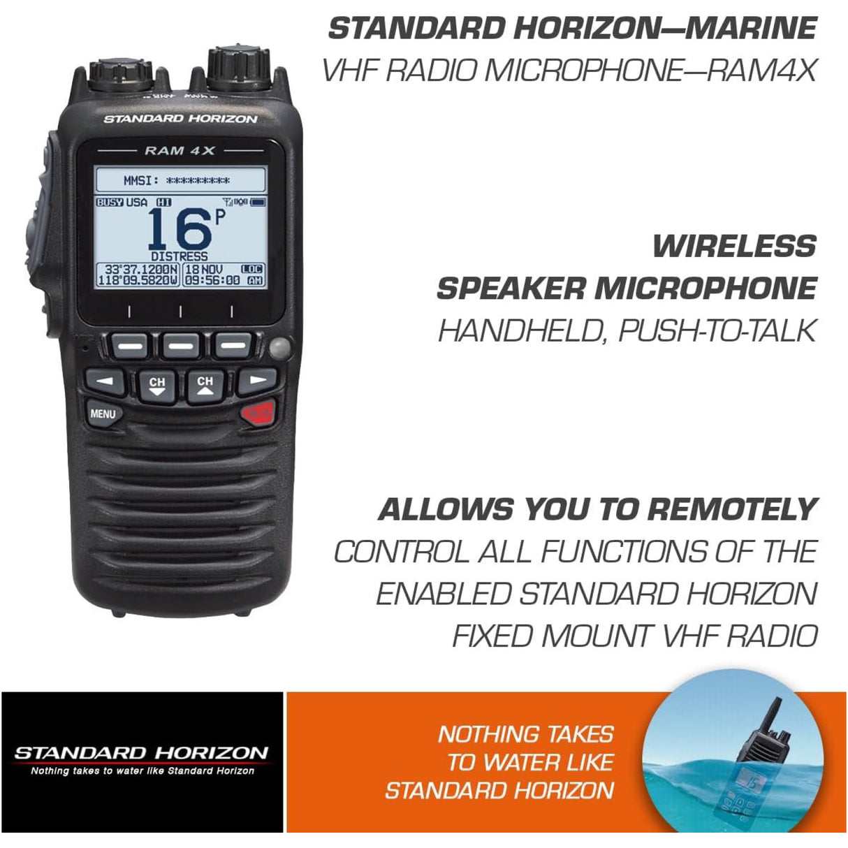 Standard Horizon marine VHF radio microphone with text on a white background