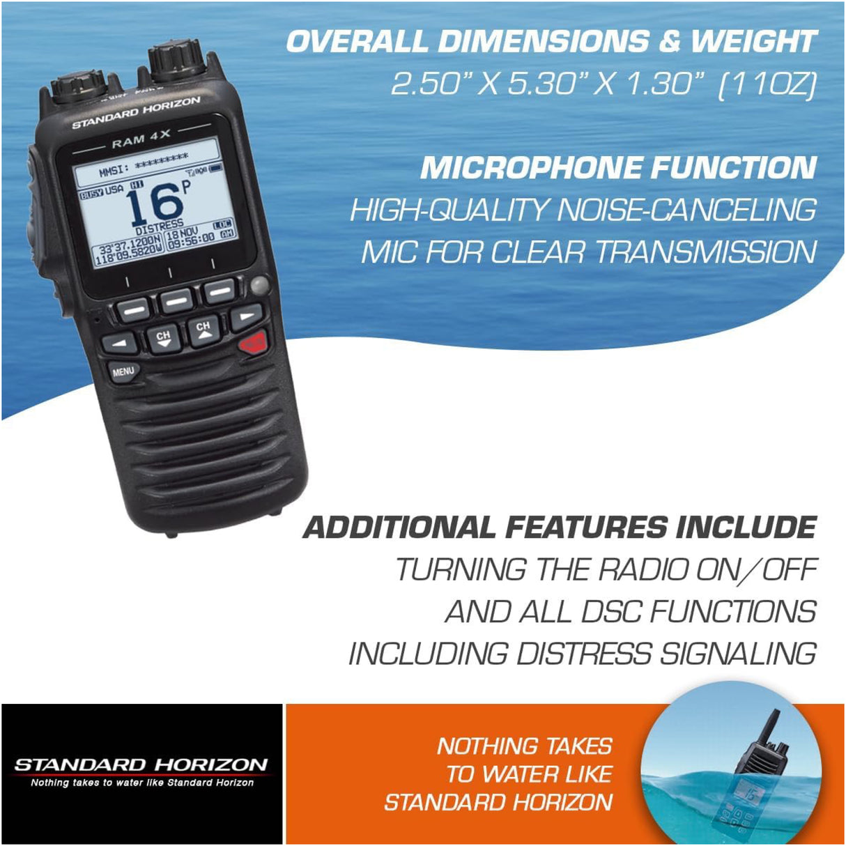 Black walkie-talkie with product details on a blue and white background