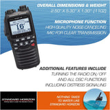 Black walkie-talkie with product details on a blue and white background