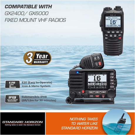 Two Standard Horizon VHF radios with water resistance features on a blue background
