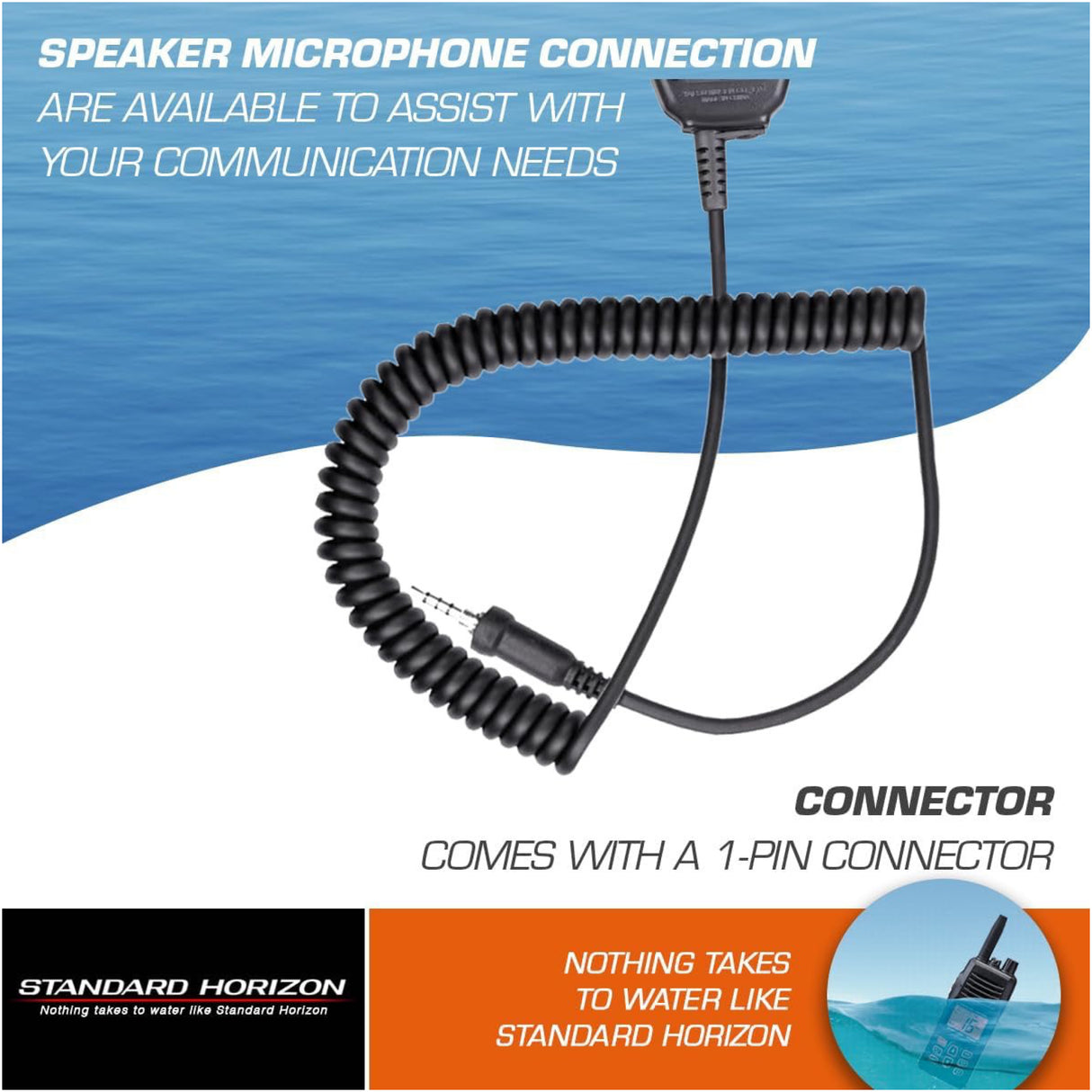 Coiled microphone cable with text about speaker microphone connection on a blue and white background