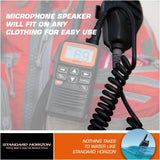 Microphone speaker with coiled cable on a Standard Horizon device, with text about easy use and water resistance.