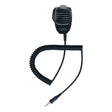 Black microphone with coiled cable on a white background