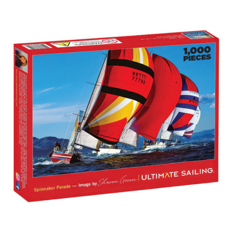 Jigsaw puzzle box with sailboats and colorful sails on a red background